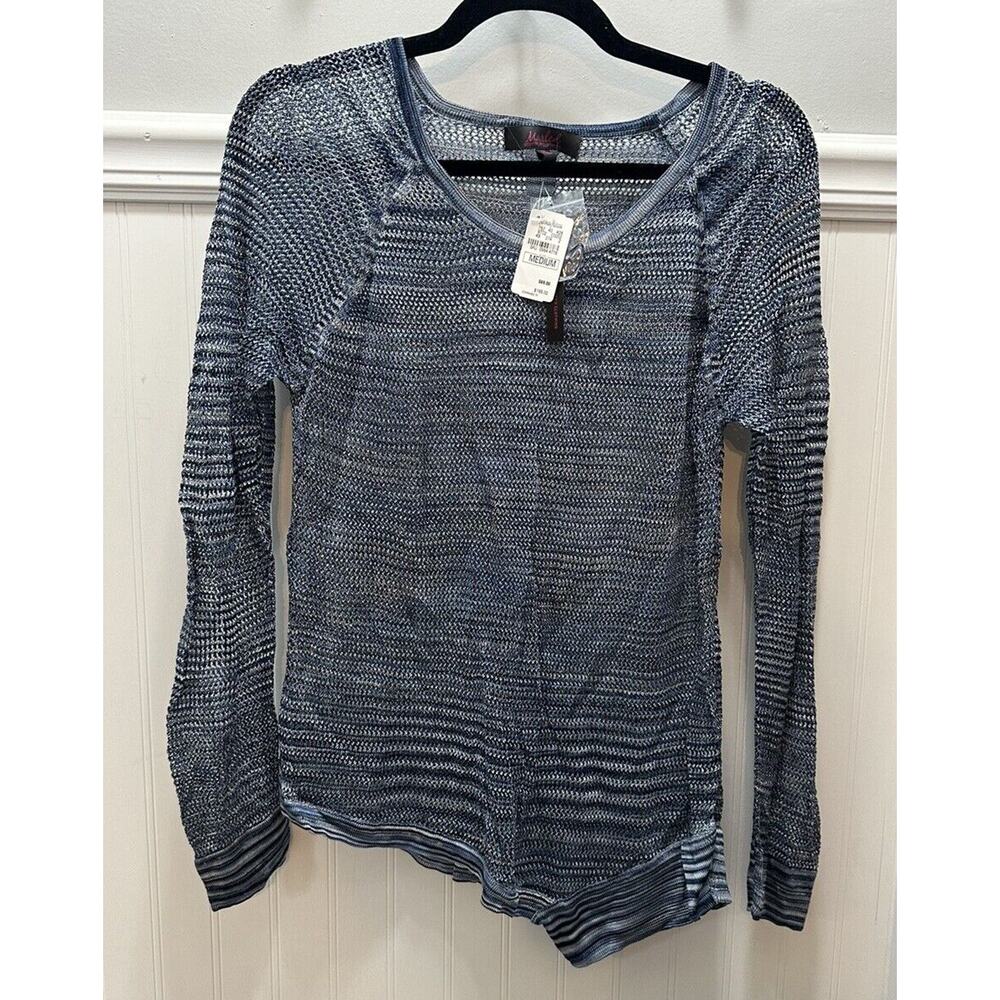 Marled Reunited Open Knit Sweater Womens Size Medium Blue Asymetrical Hem NEW